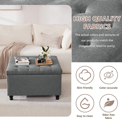 30" Large Square Ottoman with Storage, Fabric Ottoman Coffee Table, Grey | Tufted Upholstered Ottoman for Living Room, Oversized Square Storage Ottoman for Bedroom and Entryway, Solid Wood Frame
