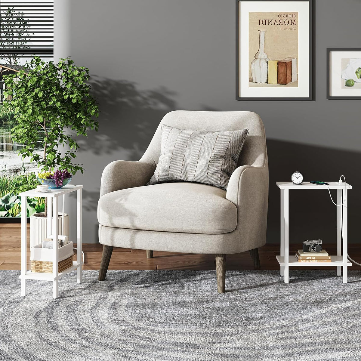TUTOTAK Small End Table with Charging Station, Narrow Side Table with USB Ports and Outlets, Skinny Sofa Table, Slim Nightstand, Living Room, Bed Room, White TB01BW060