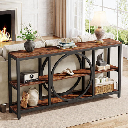 Tribesigns 70.9 Inch Extra Long Console Table for Entryway, Sofa Table Behind Couch with 3 Tier Wood Storage Shelves Industrial Metal Frame for Living Room Hallway Entryway, Brown Black
