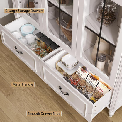 70.8'' Tall Arched Kitchen Pantry Cabinet, Large Farmhouse Storage Cabinet with Glass Doors, Display Case, Wood Bookshelf with 2 Drawers & Adjustable Shelves, Kitchen Pantry for Living Room, White