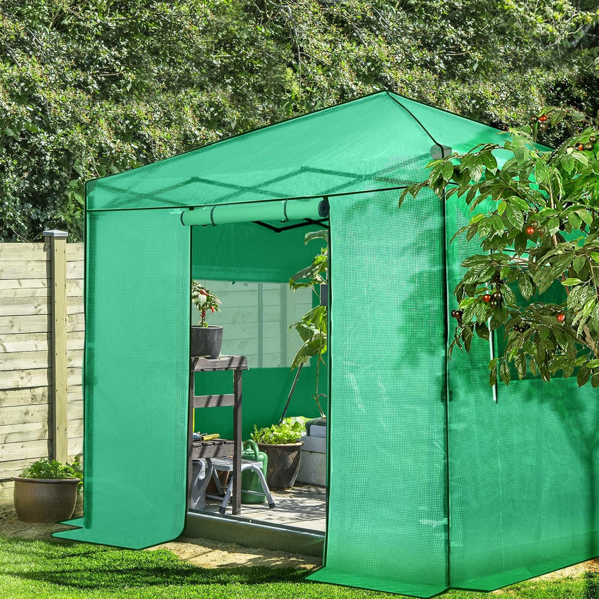 EAGLE PEAK Instant Pop-up Greenhouse, Indoor Outdoor Plant Gardening Green House, Roll-Up Zipper Doors and Side Windows, Walk in 8x8 ft, PE Cover, Green/Clear