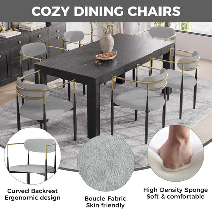 Baysitone Dining Chairs Set of 6 Mid-Century Modern Upholstered Boucle Dining Room Chairs Open Back Curved Backrest Black Metal Legs Gold Armchairs for Kitchen Living Room, Gray(Only Chairs)