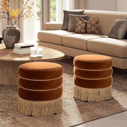 Jennifer Taylor Home Edward 17.5" Round Upholstered Ottoman with Bullion Fringe in Burnt Orange Performance Velvet