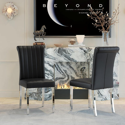 ACEDÉCOR Modern Dining Chairs Set of 6, Black Leather Dining Room Chairs with Silver Stainless Steel Legs, Upholstered Chairs with High Back and Metal Chrome Legs for Kitchen/Living Room/Restaurant