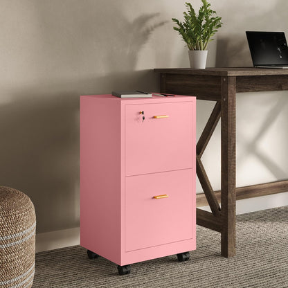 Lavish Home 2-Drawer Wooden File Cabinet with Lock, Pink, 16” x 27” | Rolling Filing Organizer with Deep Drawer Storage for Under the Desk, Home, or Office