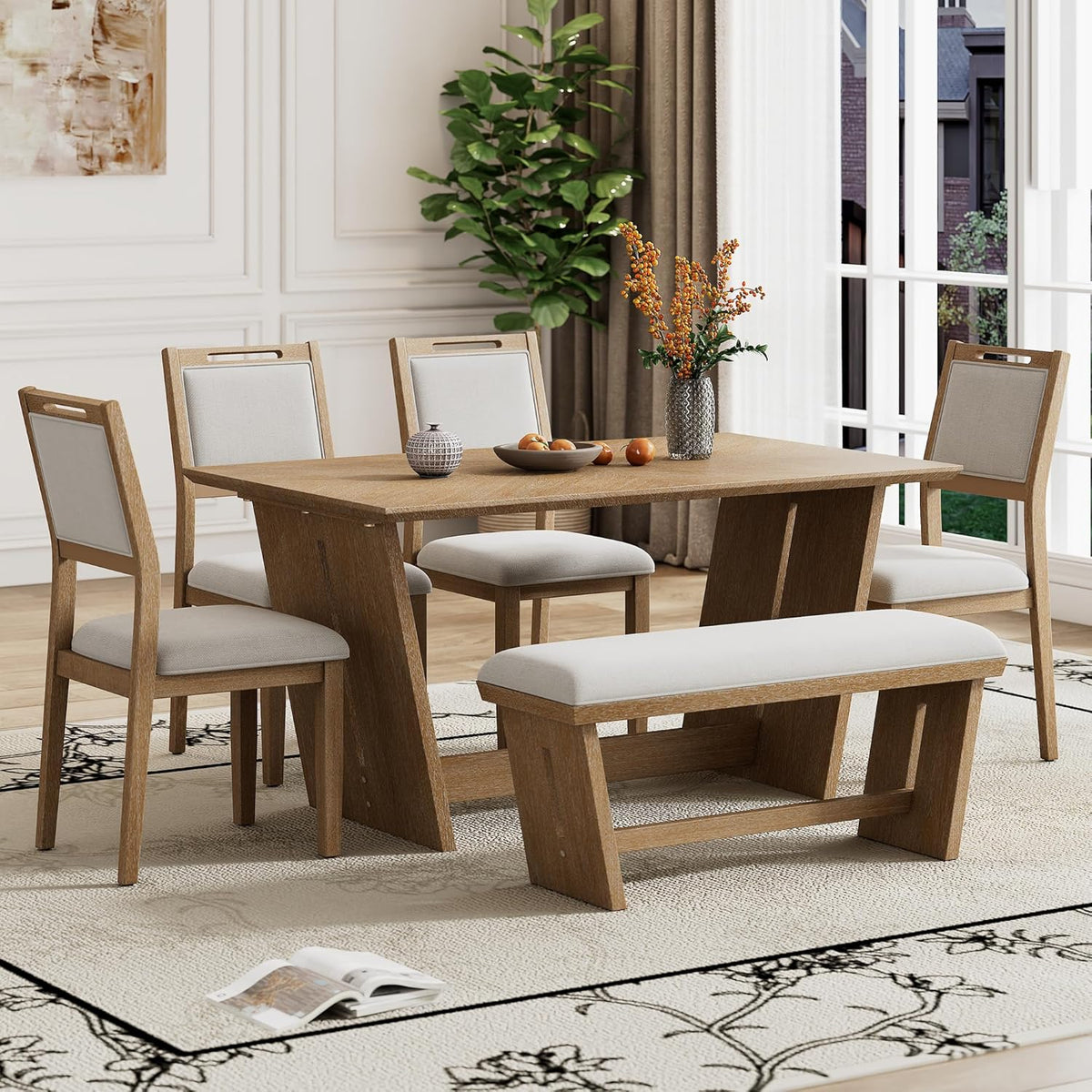 Merax 6-Piece Retro Dining Set, 1 Rectangular Table with Stable Trapezoidal Table Base and 4 Upholstered Chairs and 1 Bench for Dining Room and Kitchen, Natural Wood Wash