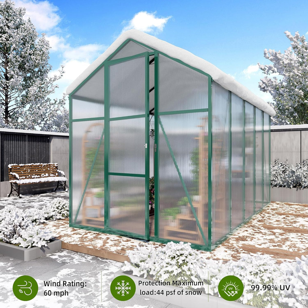 86in High 6*8.2FT Greenhouse for Outdoors, Polycarbonate Greenhouse with Stronger Wind Protection and Roof Vent, Walk-in Large Aluminum Sunroom Winter Proof, Green
