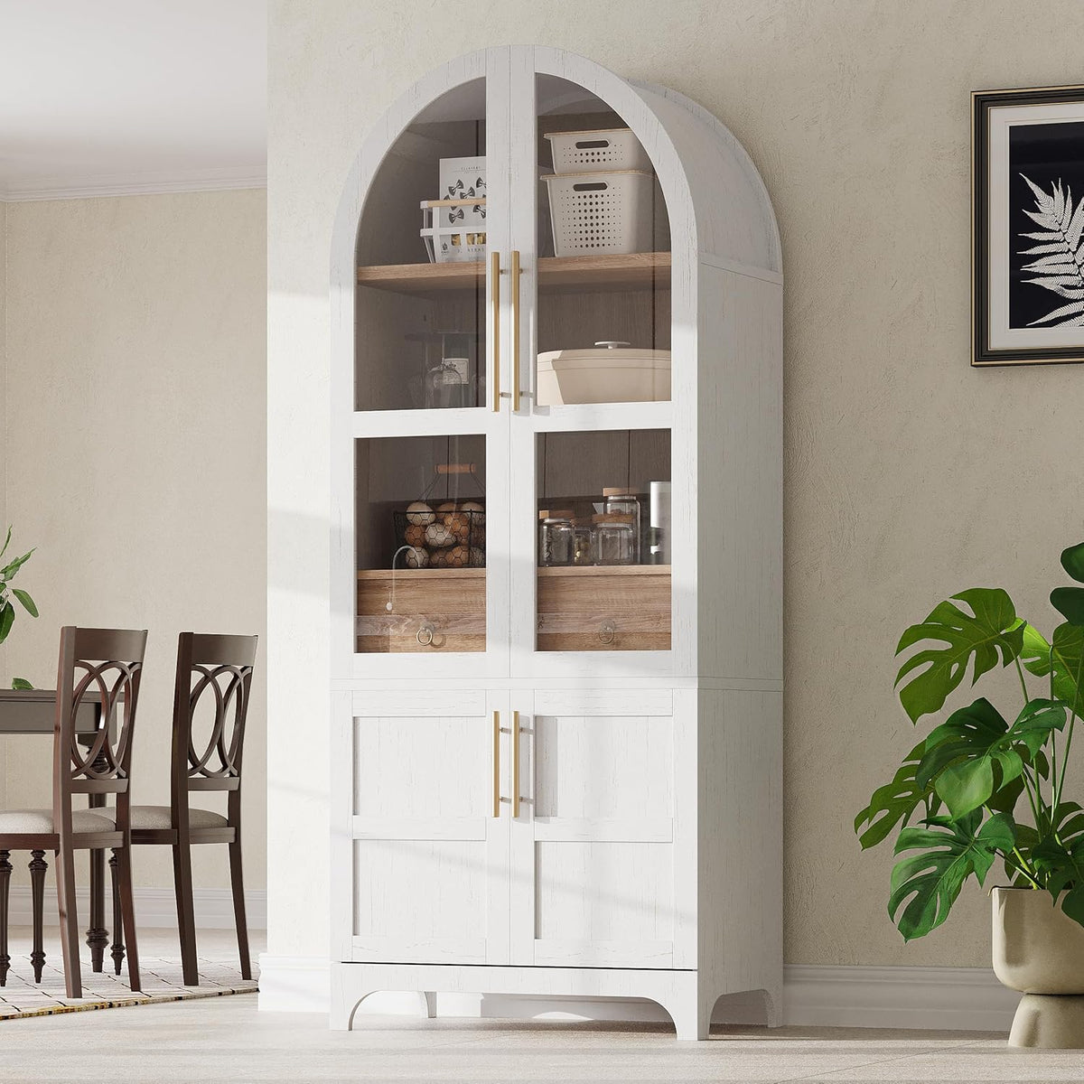 roomfitters 71" Pantry Cabinet with Arched Top & Glass Doors, 4-Door Storage Hutch with Adjustable Shelves for Kitchen, White