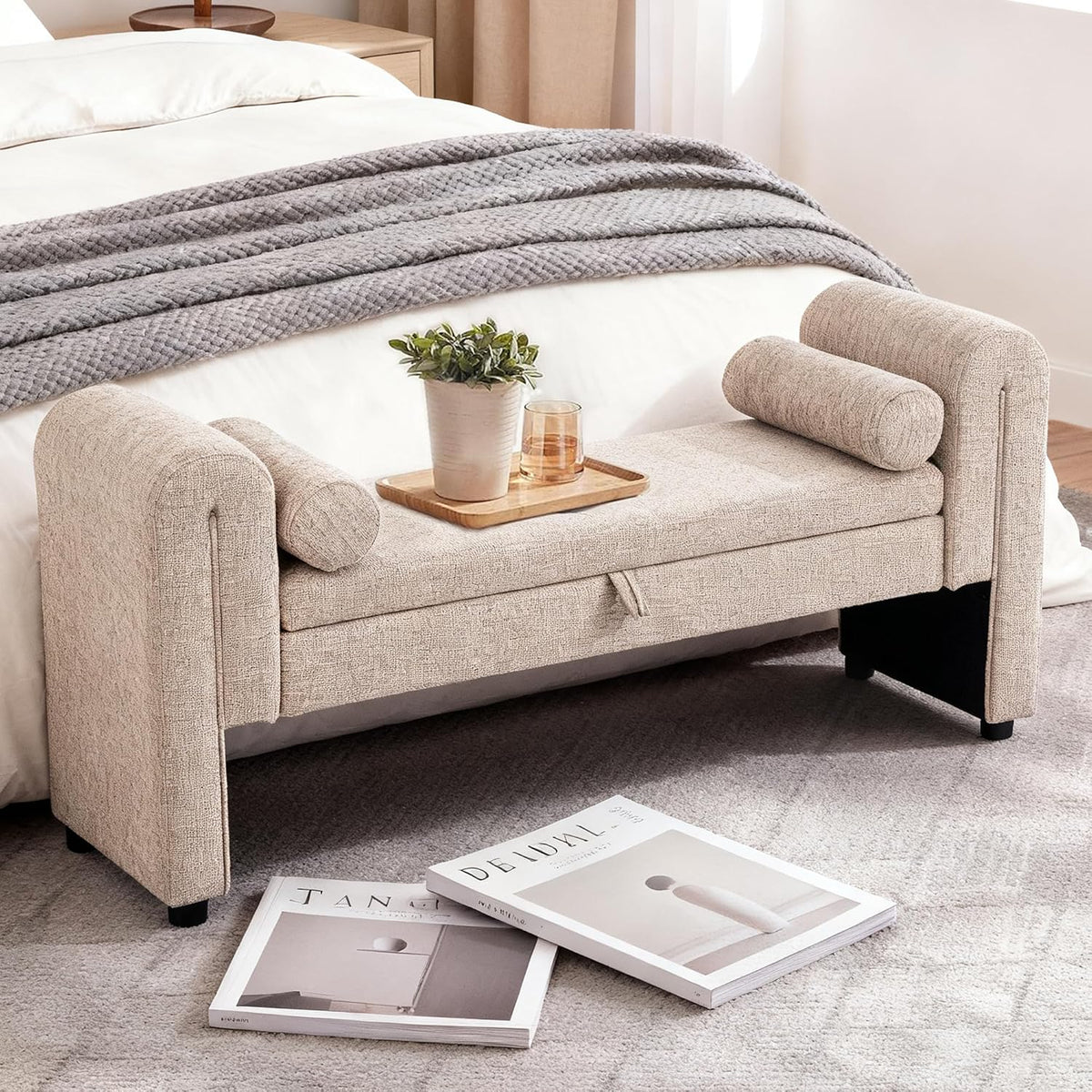 Linen Fabric Bench for Bedroom End of Bed, 60.5 inch Upholstered Linen Fabric Storage Bench Ottoman Bench with Rolled Arms, Button-Tufted Ottoman for Living Room, Entryway (Oatmeal)