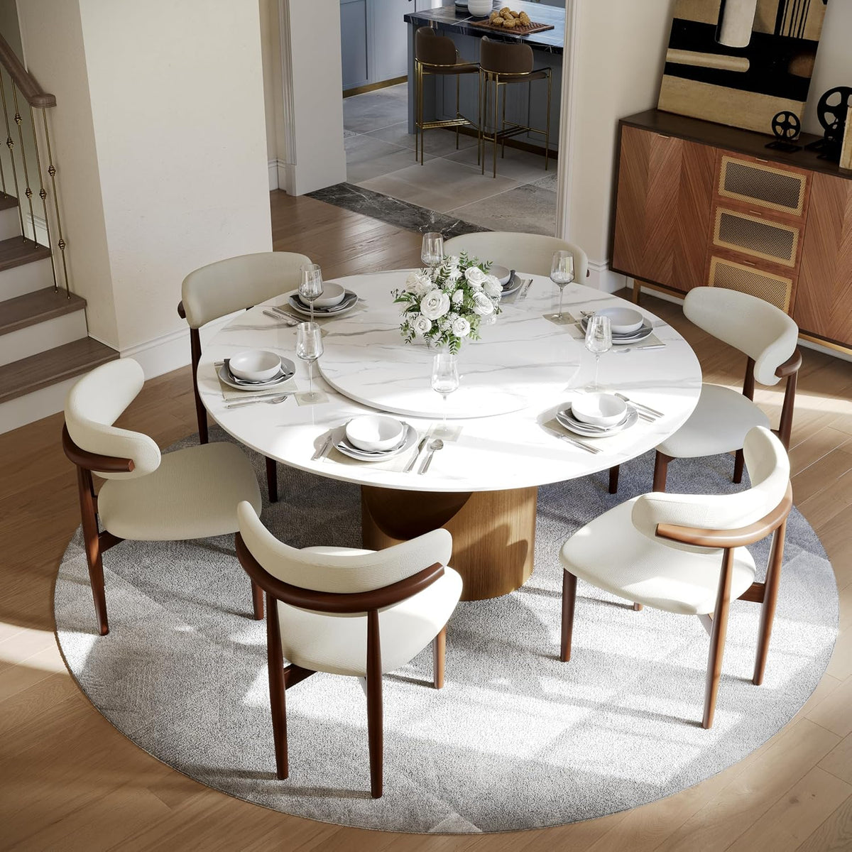 POVISON 59" Round Dining Table for 6 with Lazy Susan, Glossy White Sintered Stone Dining Tabletop with 31" Lazy Susan, Bronze Carbon Steel Pedestal, Modern Dining Table for Living Room (Table Only)