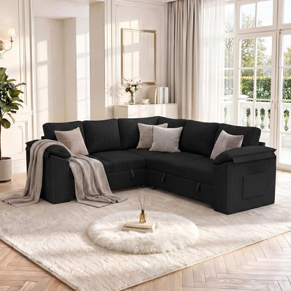 85 In L Shaped Modular Sectional Sofa Couch for Living Room, Black | Pull Out Sleeper Bed, 5 Seat Modular Design, Hidden Storage Space, Soft Corduroy Fabric, Removable Covers, Easy Assembly