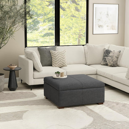 SIMPLIHOME Gabbie 36" Wide Linen Look Fabric Storage Ottoman in Slate Grey | Contemporary ottoman with lift-top storage; rectangle storage bench for living room, bedroom, and entryway.