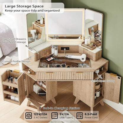T4TREAM 48" Fluted Corner Makeup Vanity Desk with 3 Way Mirror and Light | Dimmable LED Light, Touch Control, Glass Top, Charging Station, Spacious Drawers, Storage Shelves, Open Cubby, for Bedroom