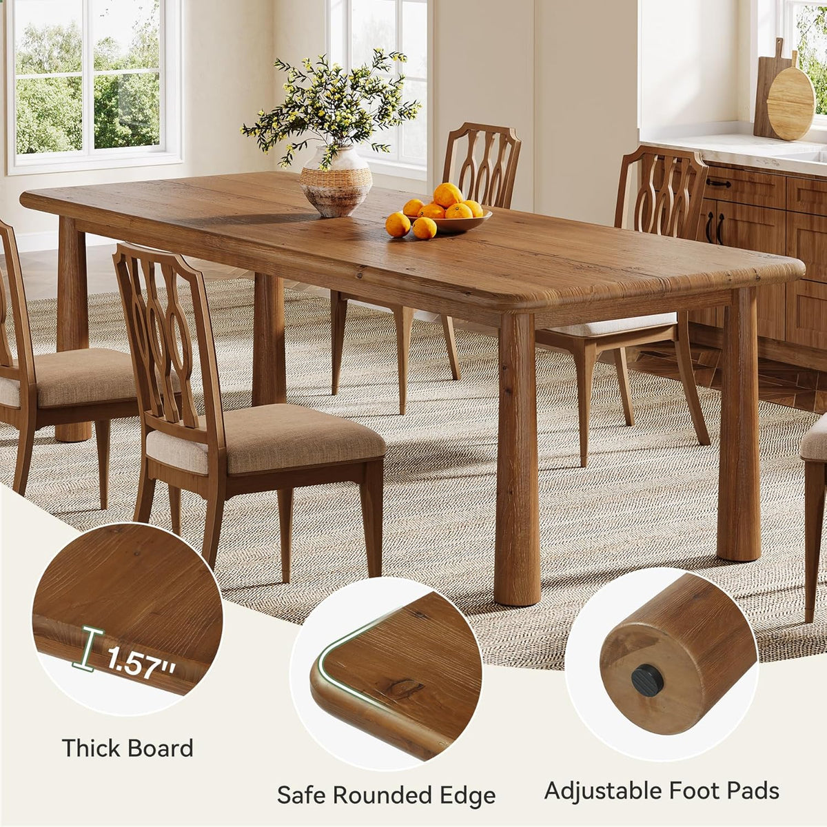 63-Inch Solid Wood Dining Table, Farmhouse Kitchen Table for 4 to 6, Rectangular Wood Dining Room Table for Home, Kitchen, Living Room (Rustic Brown)