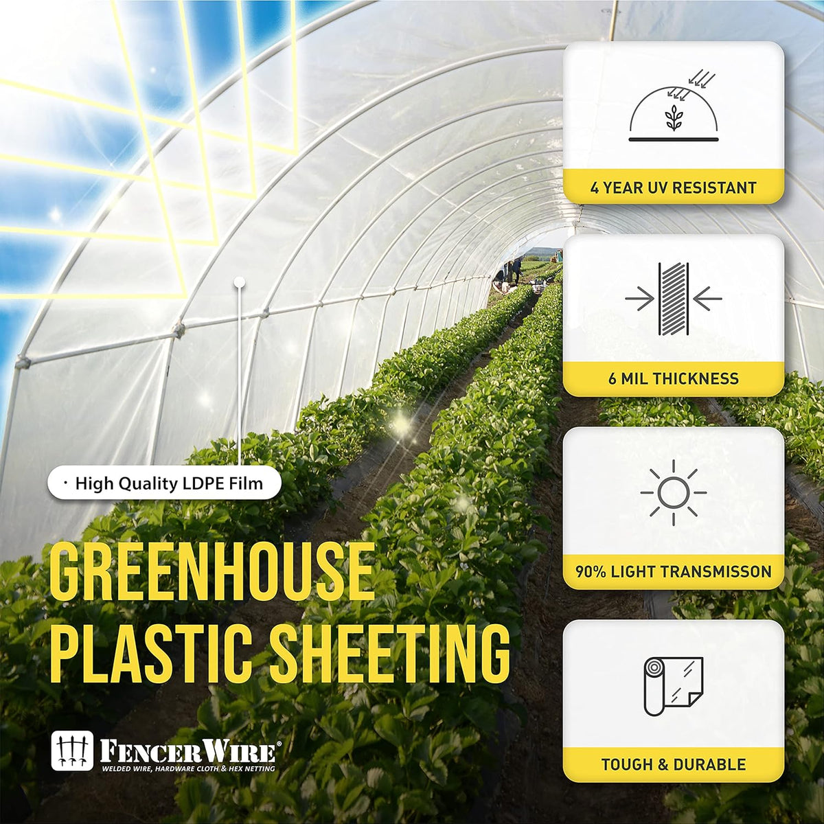CAPHAUS 6 mil Clear Greenhouse Plastic Sheeting, 4-Year UV Resistant Polyethylene Film, Hoop House Cover for Horticulture, Gardening, Farming and Agriculture, 90% Light Transmittance, 32’ x 50’