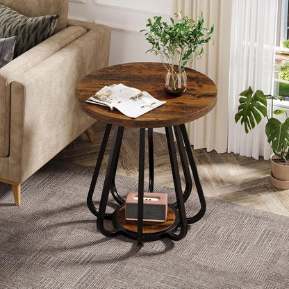 Tribesigns Round End Table with Storage, 2-Tier Side Table with Metal Frame and Lower Shelf, Small Accent Table Nightstand for Living Room, Bedroom, Small Spaces, Vintage Brown & Black