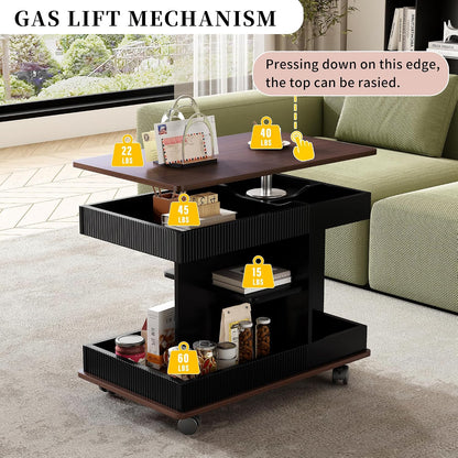 Adjustable Side Table with Wheels, 360° Rotating Lift-Top & Storage, Modern Bedside/Sofa Rolling Table for Small Spaces, Living Room Use, Black