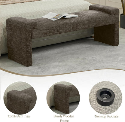 WUTUTUEE 58.7" End of Bed Bench Upholstered Modern Bedroom Bench for Living Room & Entryway, Easy Assembly, Footrest Ottoman Accent Window Bench with Solid Wood Frame & Curved Arm, Brown