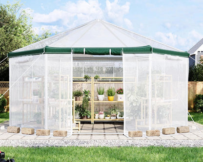 AMERLIFE 13.5x13.5x9 FT Hexagonal Walk-in Greenhouse for Outdoors, Heavy-Duty Greenhouse with Windbreak Ropes, Waterproof PE Cover, Ground Stakes, Tunnel Green House for Garden, White/Green