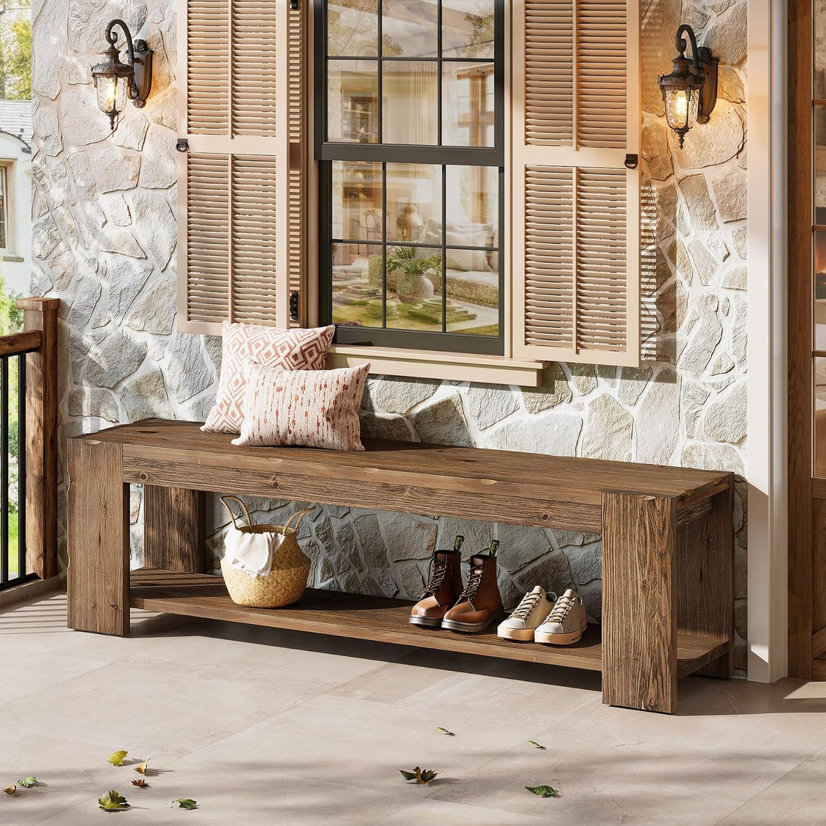 Solid Wood Entryway Bench with Storage Shelf, 55.12-Inch 2-Tier Wood Shoe Bench Seating for Entrance, Hallway, Dining Room, Living Room, Mudroom, Bedroom, Rustic Brown