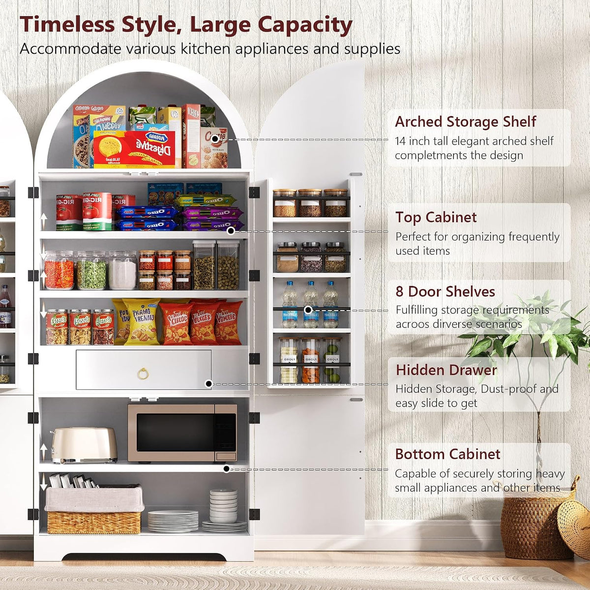 72" Tall Morden Kitchen Pantry Cabinet with 8 Door Shelves, Morden Storage Cabinet with 3 Adjustable Shelves, Hidden Drawer, Versatile Cupboard for Kitchen, Dining & Bathroom (Arched, White)