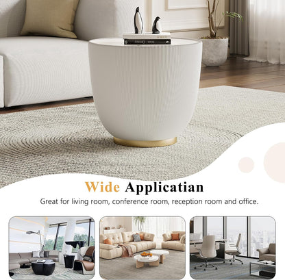 Modern Round End Table, Elegant Bowl Shaped Accent Sofa Side Table with Sintered Stone Tabletop & Pleated Leatherette Details, Small Round End Tables for Living Room Bedroom Apartment Office, White