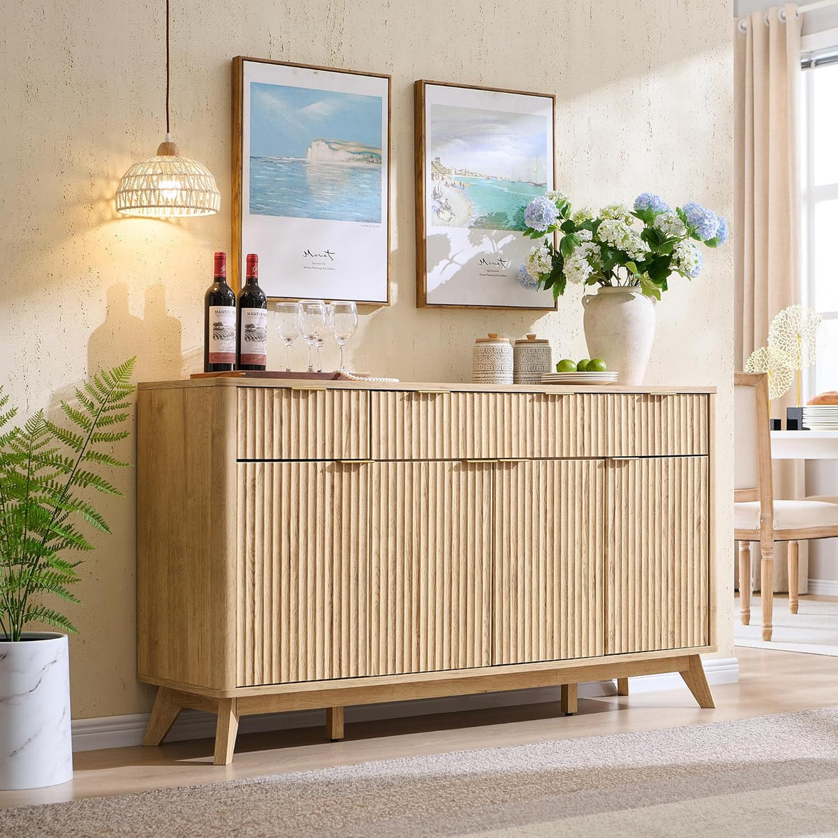 T4TREAM Large Buffet Sideboard Cabinet with Storages, 60" Fluted Modern Buffet Table Coffee Bar Wine Bar Storage Cabinet with 3 Drawers & 4 Doors for Dining Room, Living Room, Hallway(Natural Oak)