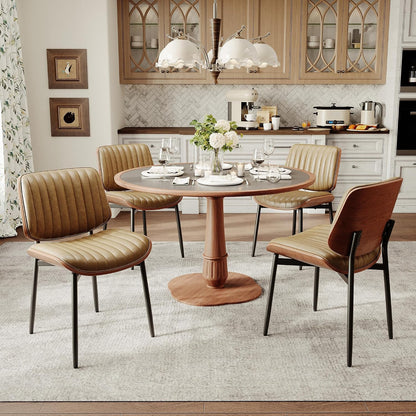 MALOL Leather Dining Chairs Set of 6, Modern Upholstered Dining Room Kitchen Chairs with Metal Legs and Wooden Back Support for Home Dining Room/Restaurant, Light Brown