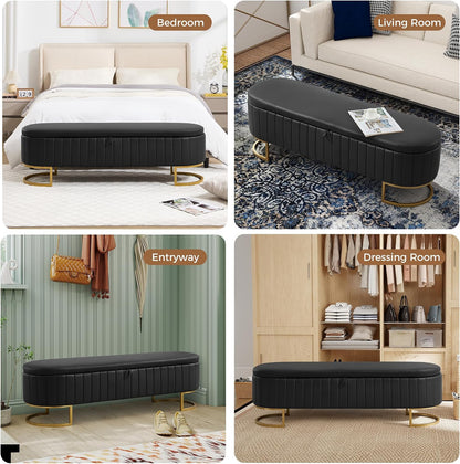 Storage Ottoman Bench, 63" Faux Leather End of Bed Bench Bedroom Bench King Size with Golden Metal Legs, Upholstered Storage Bench for Bedroom Living Room Entryway and Window, Black