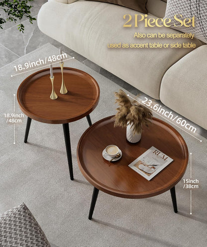2-Piece Walnut Coffee Table,Durable Mid Century Small Round Coffee Tables for Living Room,Easy Assembly Modern Nesting Coffee Tables Set,Circle Side Tables for Sofa Bedside Balcony