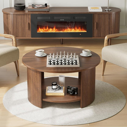 Round Coffee Table with Storage, 31.5" Modern Fluted Center Table, 2-Tier Mid Century Coffee Table, Wood Circle Table for Living Room, Home Office, Small Space, Walnut