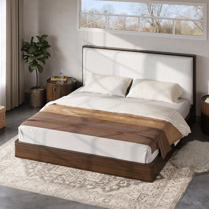 Merax Queen Platform Bed Frame with Bouclé Upholstered Headboard, Solid Wood Platform Bed, No Box Spring Needed, Noise-Free Modern Bed Frame for Bedroom, Walnut