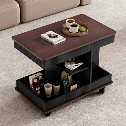 Adjustable Lift-Top End Table with Storage, 360° Rotating Design & Lockable Casters - Modern Mobile Side Table for Living Room, Bedroom, Small Spaces (Black+Brown)