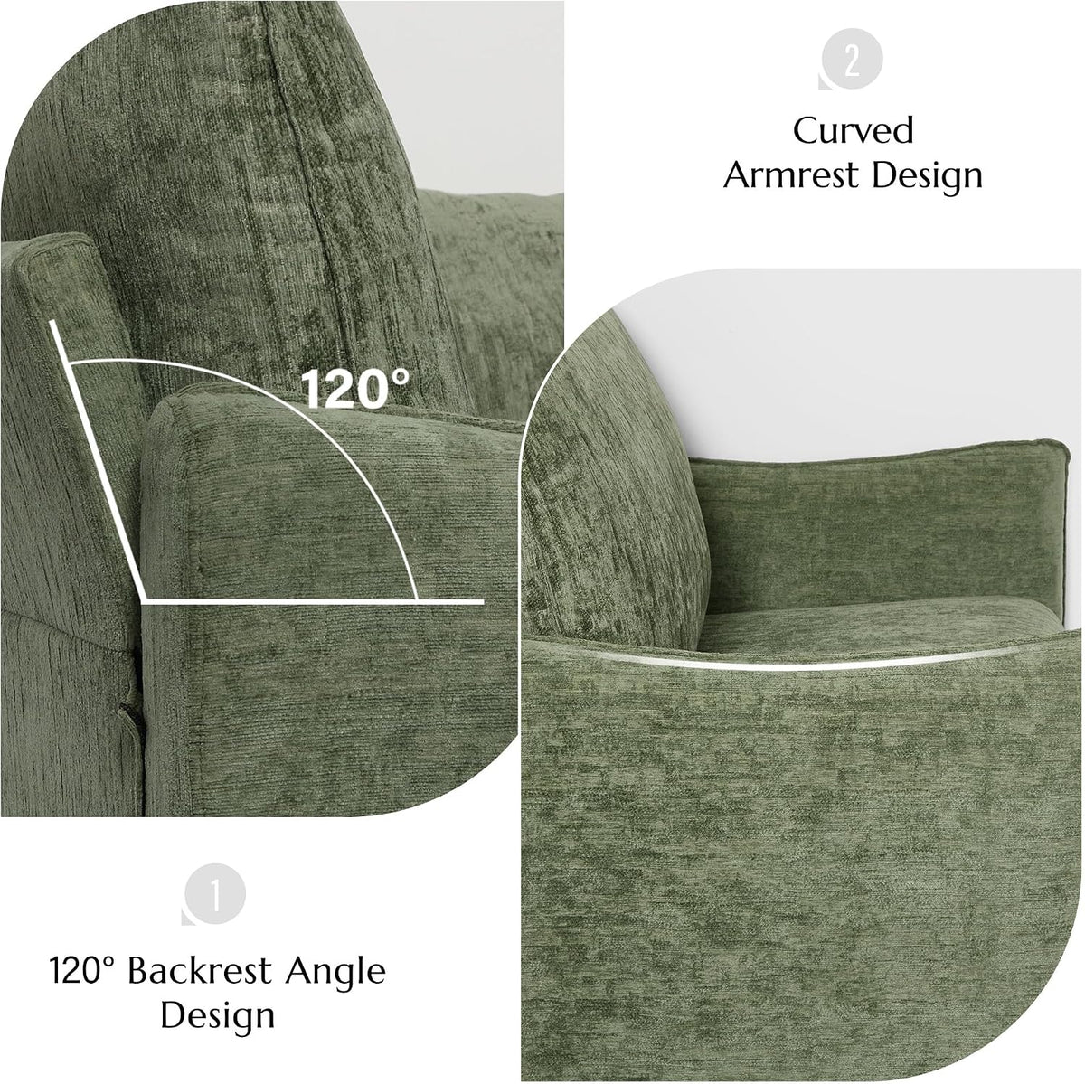 Elegant Oversized Accent Reading Armchairs Set of 2, 42.1", Chenille, Green | Modern Upholstered Piping Single Chair with Cushion Backrest and 2 Pillows for Bedroom, Office, Reception Area