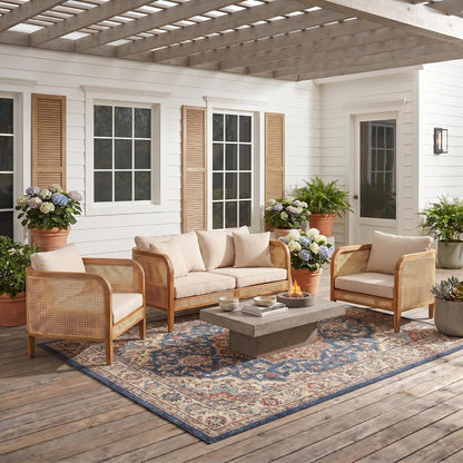 Merax 3 Piece Patio Outdoor Furniture Set, All-Weather Acacia Wood Loveseat Sofa, 2 Armchairs with Cushions for Porch, Lawn, Backyard, Balcony Teak+ Beige