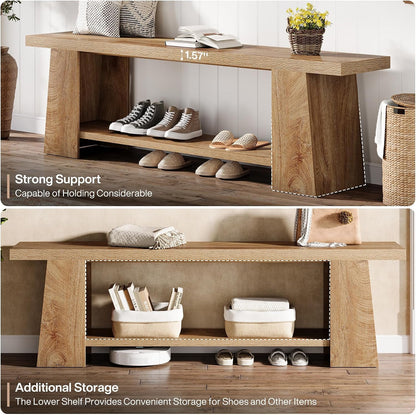 Tribesigns 2-Tier Entryway Bench, 59-Inch Extra Long Shoe Bench with Storage Shelves, Wood End of Bed Seat, Farmhouse Hallway Foyer Seat with Open Shelves for Entryway, Bedroom, Living Room, Natural