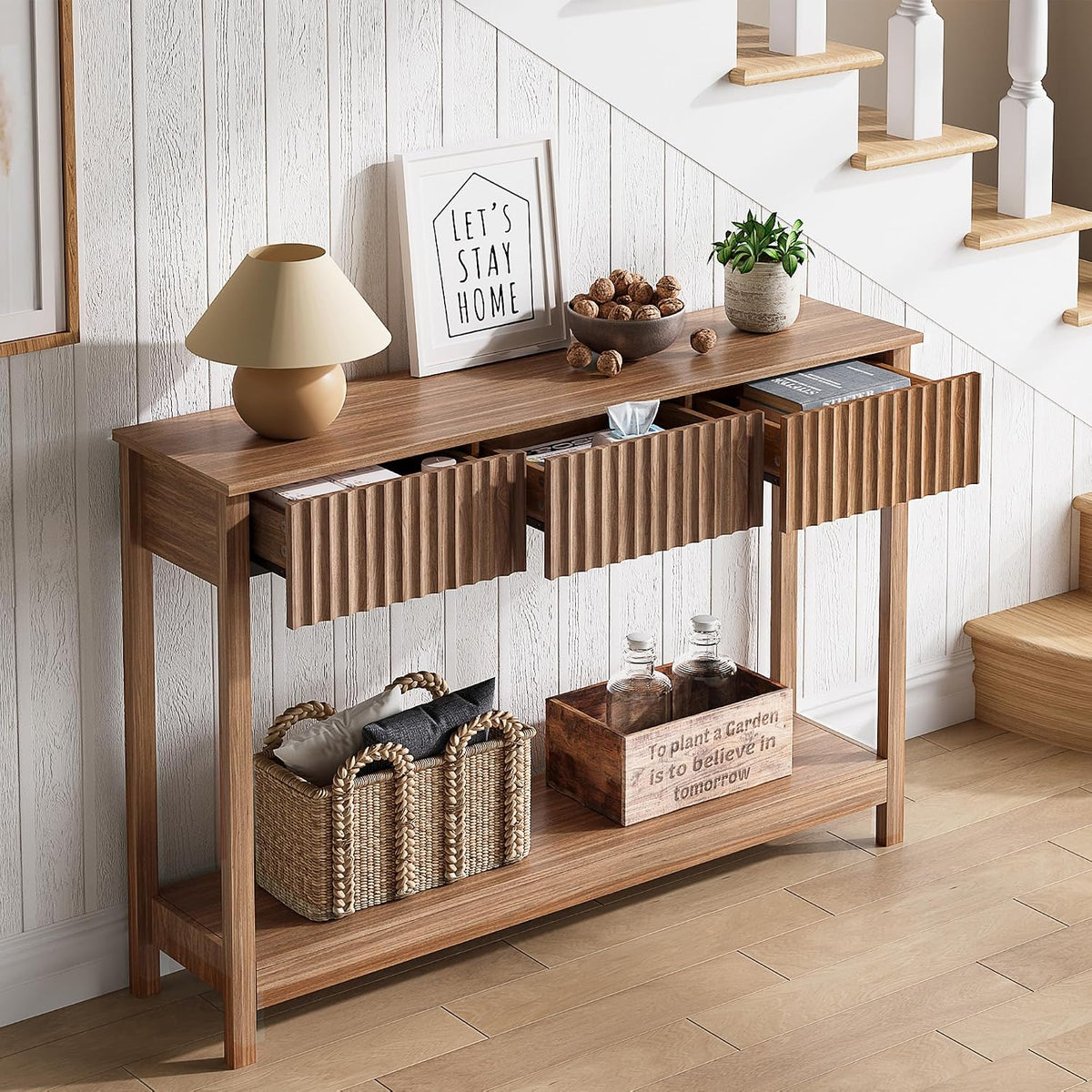 Treocho 47" Fluted Console Table with 3 Drawers and Storage Shelf | Narrow Long Entryway Table,Behind Couch Accent Tables, Entrance Foyer, Hallway, Living Room, Brown