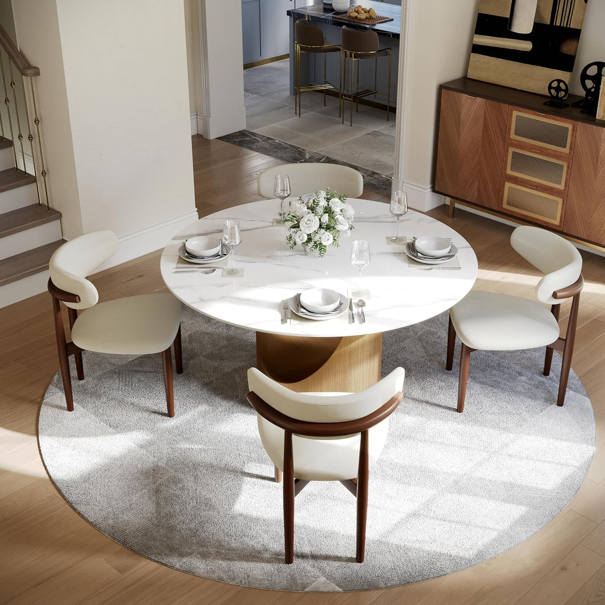 POVISON Round Dining Table for 4, 51" Glossy White Sintered Stone Top Dining Table with Bronze Carbon Steel Pedestal, Modern Dining Room Table for Kitchen, Living Room (Table Only)