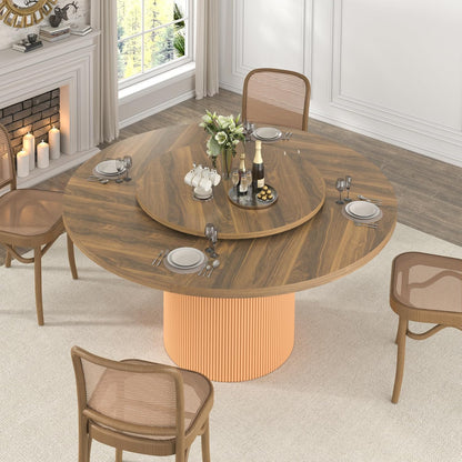 55 Inch Round Dining Table for 6 with Lazy Susan, Modern Farmhouse Kitchen Table with Wood Strip Base for Dining Living Room, Brown