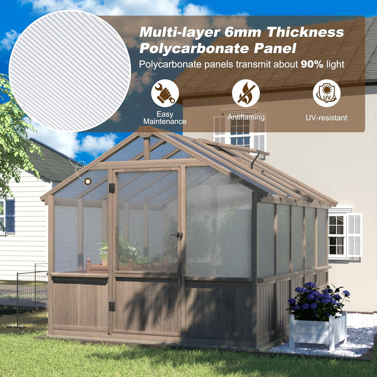 8x10 FT Greenhouse Kit with 6MM Thick Polycarbonate Panel for Outdoor, Wooden Walk-in Green House with Adjustable Roof Vent and Lockable Door, Backyard, Garden, Light Mocha Brown