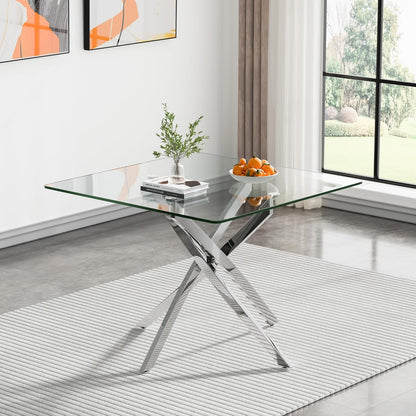 Glass Dining Table,36'' Square Dining Kitchen Table,Modern X-Design Dining Room Table with Silver Metal Base for Dining Room