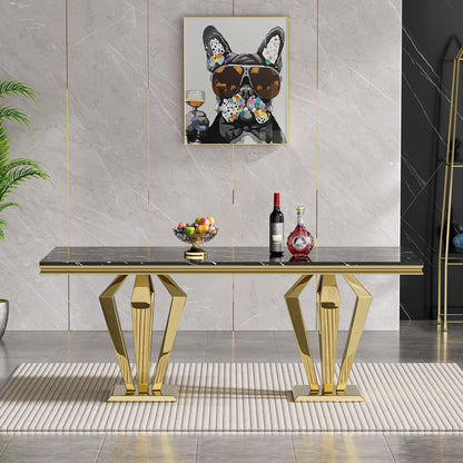 Luxury Marble Dining Table for 4 to 6, 68 inch Black Faux Marble Dining Table with Gold Stainless Steel Diamond Shaped Base, Modern Rectangle Kitchen Dining Room Table for Family Dinner Party