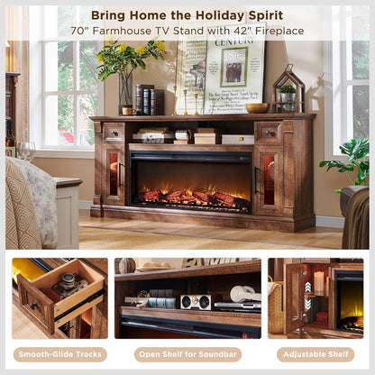 OKD 70" Farmhouse Fireplace TV Stand for TVs Up to 80", Reclaimed Barnwood | 42" Electric Fireplace, Color Changing Flame, 2 Open Cubbies, 2 Spacious Drawers, LED Glass Door Cabinets, Retro Handles