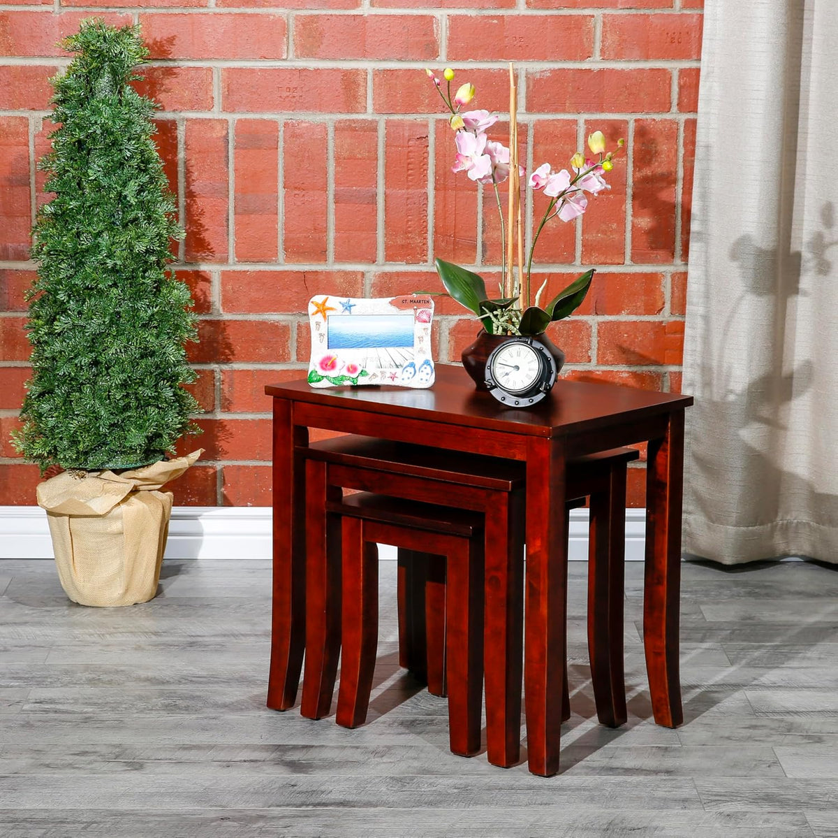 3-Piece Cherry Nesting Tables, Space-Saving Furniture Set, Ideal for Apartments and Small Rooms, Multi-Purpose Use as Coffee Table, Side Table, or Display Stand, Wood