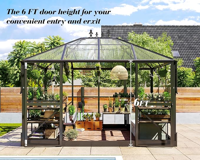 Jocisland 11x8.3x8.6 FT Polycarbonate Greenhouse with Clear Panels- 6 FT Wall Height Outdoor Aluminum Greenhouses with 2 Vents, Double Doors with Hook, Walk-in Greenhouse for Backyard Garden