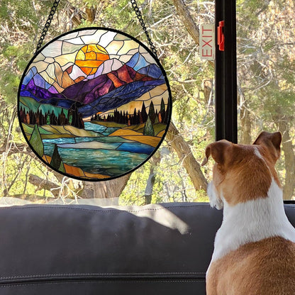 Stained Glass Window Hanging, Blue Lake Golden Sun Abstract Mountains Landscape Suncatcher for Doors Window Home Sun Catchers Decor Mother's Day Birthday Gifts for Women Men Mom 9.8 in