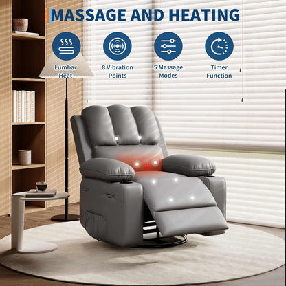GarveeHome Leather Recliner Chair - Heat and Massage, Swivel Rocker Manual Recliner for Adults, Reclining Sofa Rocking Chair with Side Pocket, Cup Holders for Living Room