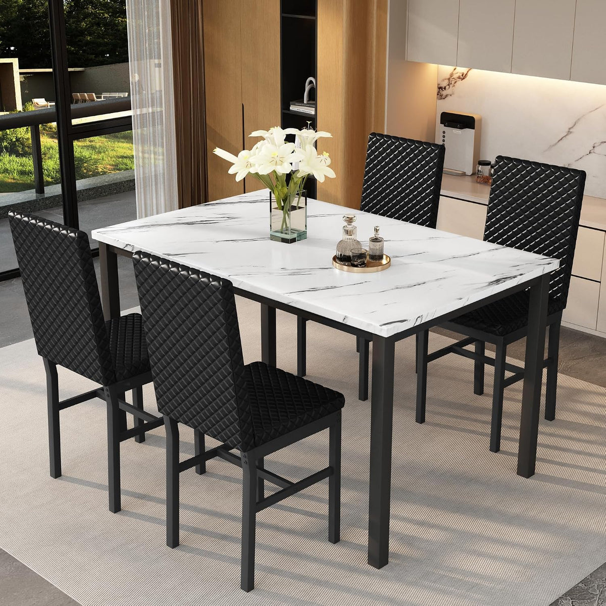 Recaceik Dining Table Set for 4, Faux Marble Kitchen Table and Chairs Set of 4, Modern Dining Room Table with Velvet Dinner Chairs, Small Dining Set for Breakfast Nook Small Spaces, White & Black