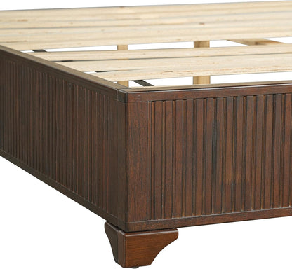 King Size Wood Platform Bed with Fluted Footboard & Fabric Upholstered Headboard, Low Profile Wooden Bed Frame with Wood Slats Support, Dark Walnut,White