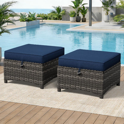 Patio Ottomans Set of 2, 22"x 22"x 18" Outdoor Wicker Footstool with Cushion, Blue, for Garden, Backyard, Deck, Porch, Balcony, Poolside